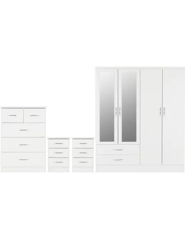 Nevada 4 Door 2 Drawer Wardrobe Bedroom Set - White Gloss