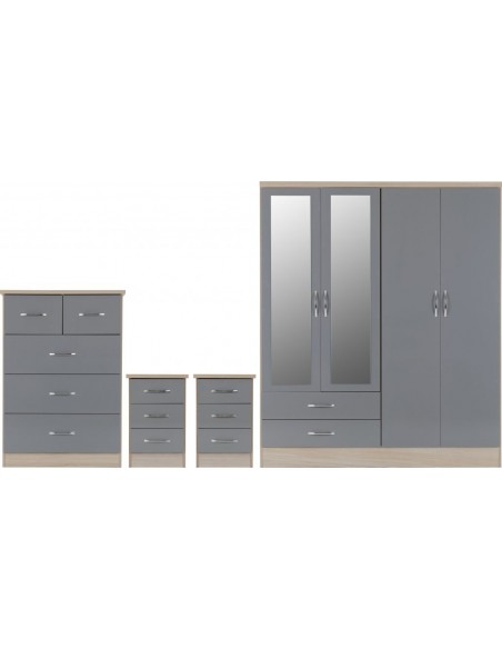 Nevada 4 Door 2 Drawer Wardrobe Bedroom Set - Grey Gloss/Oak