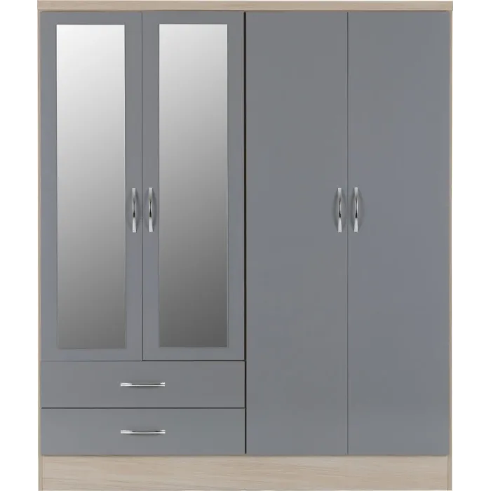 Nevada 4 Door 2 Drawer Wardrobe Bedroom Set - Grey Gloss/Light Oak Effect Veneer