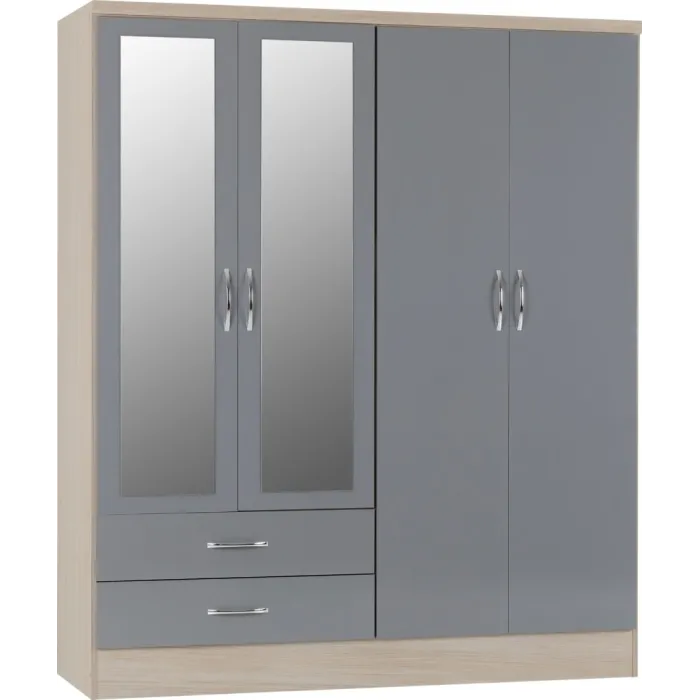 Nevada 4 Door 2 Drawer Wardrobe Bedroom Set - Grey Gloss/Light Oak Effect Veneer
