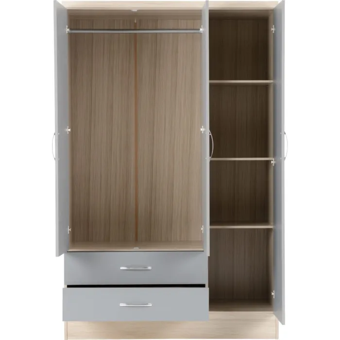 Nevada 3 Door 2 Drawer Wardrobe Bedroom Set - Grey Gloss/Light Oak Effect Veneer