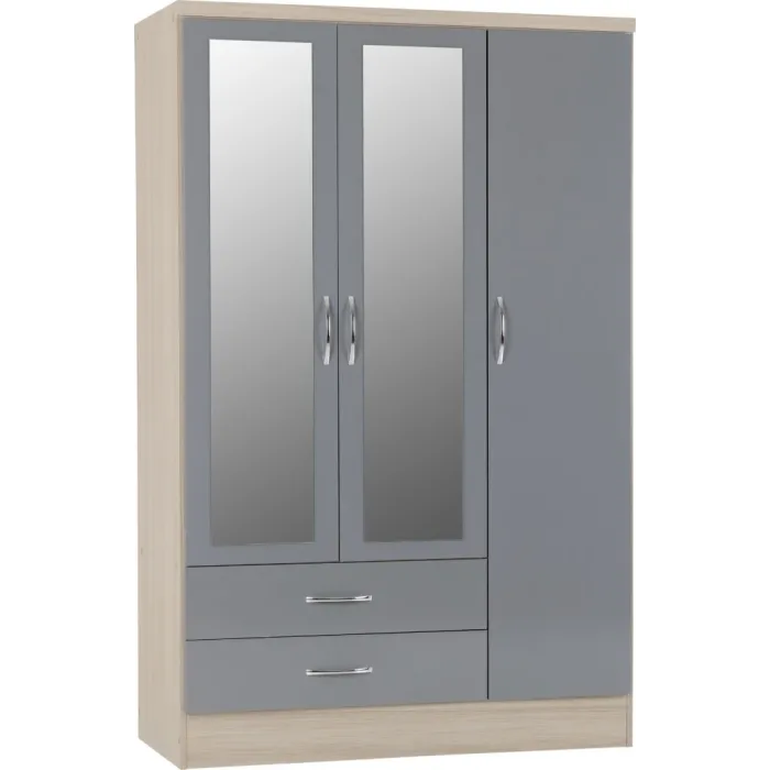 Nevada 3 Door 2 Drawer Wardrobe Bedroom Set - Grey Gloss/Light Oak Effect Veneer