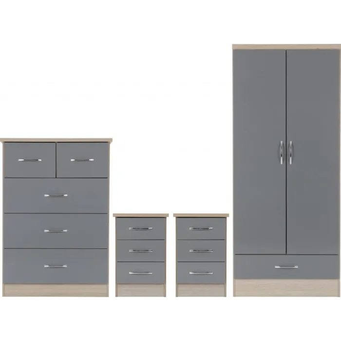 Nevada 2 Door 1 Drawer Wardrobe Bedroom Set - Grey Gloss/Light Oak Effect Veneer