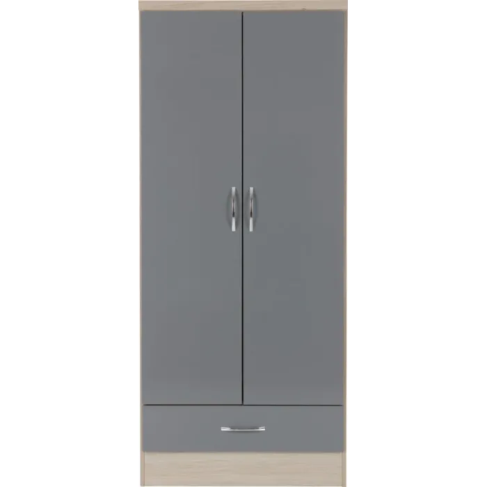 Nevada 2 Door 1 Drawer Wardrobe Bedroom Set - Grey Gloss/Light Oak Effect Veneer