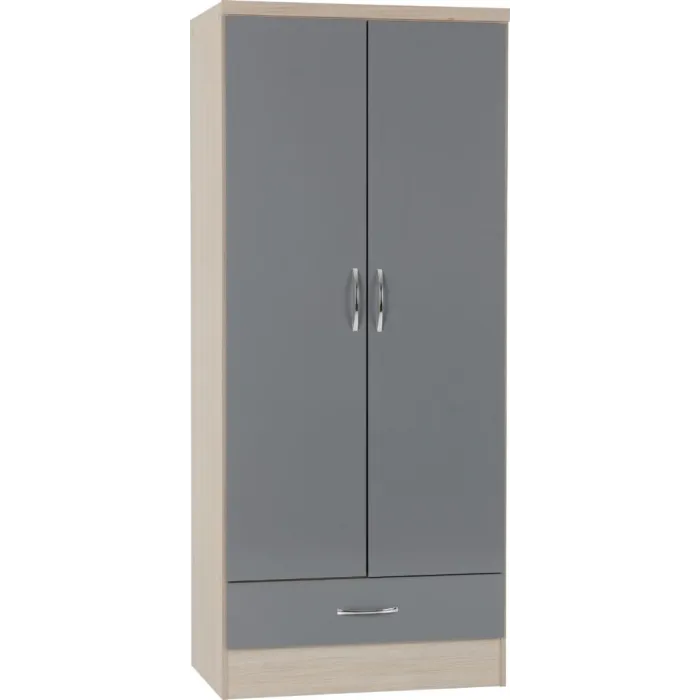 Nevada 2 Door 1 Drawer Wardrobe Bedroom Set - Grey Gloss/Light Oak Effect Veneer