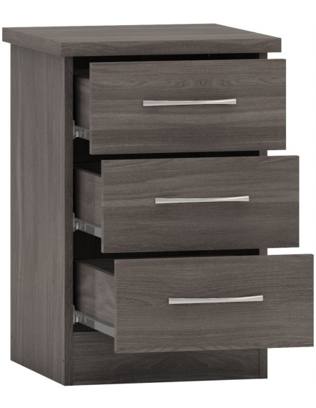 Nevada 3 Drawer Bedside Locker - Black  Wood Grain