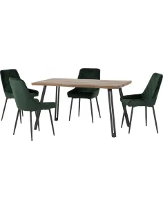 Quebec Wave Edge & Avery Dining Set (x4 Chairs) - Medium Oak Effect/Emerald Green Velvet