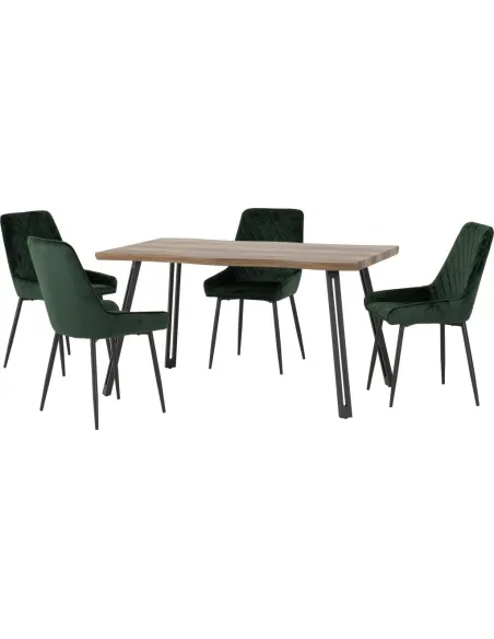 Quebec Wave Edge & Avery Dining Set (x4 Chairs) - Medium Oak Effect/Emerald Green Velvet