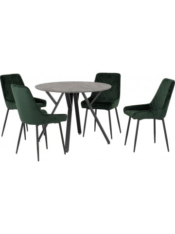 Athens Round Dining Set with Avery Chairs - Concrete/Emerald Green Velvet