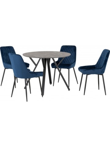 Athens Round Dining Set with Avery Chairs - Concrete/Sapphire Blue Velvet