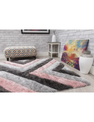 Luxus Cascade 3D Shaggy Rug - Grey/Pink