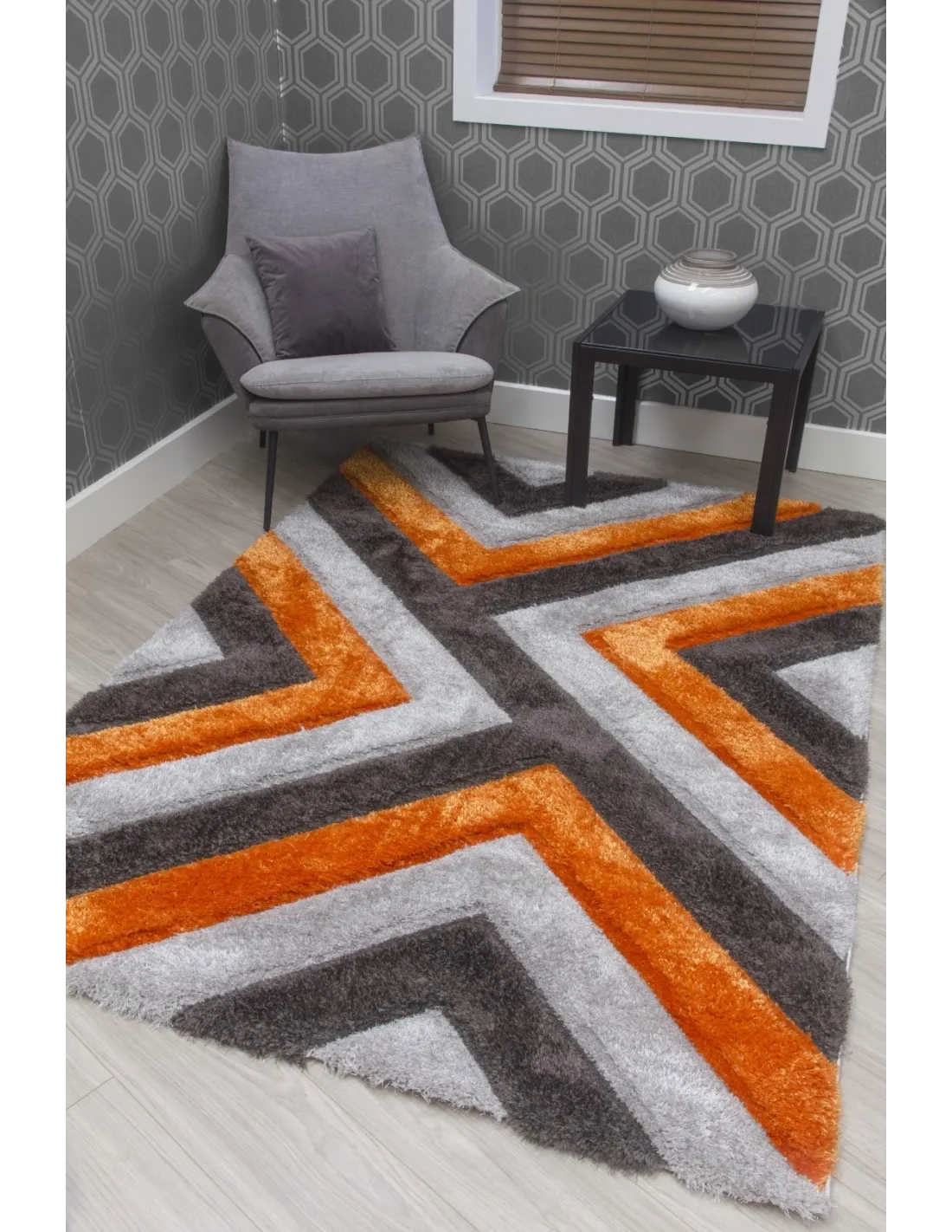 Luxus Cascade 3D Shaggy Rug Grey/Orange