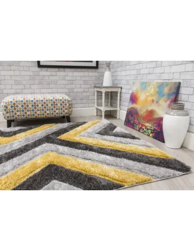 Luxus Cascade 3D Shaggy Rug - Grey/Yellow