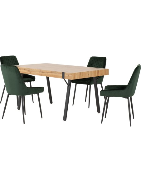 Treviso & Avery Dining Set (x4 Chairs) - Light Oak Effect/Emerald Green Velvet