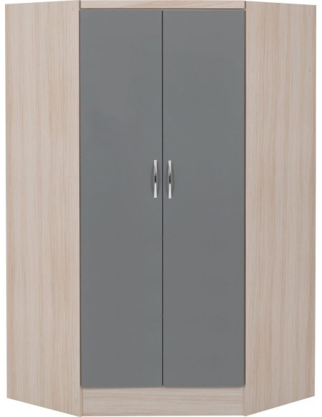 Nevada 2 Door Corner Wardrobe - Grey Gloss/Light Oak Effect Veneer