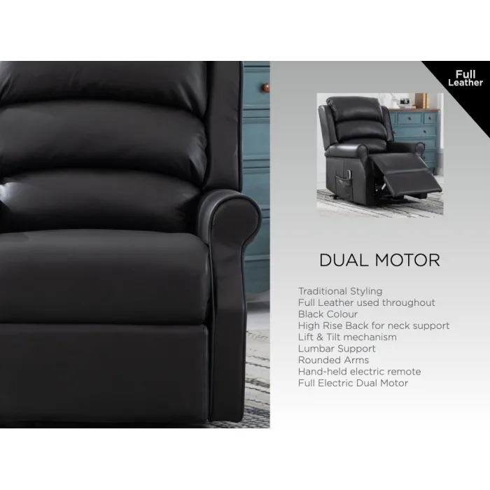 Drancy Lift & Tilt Dual Motor Armchair - Black Leather