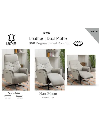 Nero Dual Motor Electric Swivel Armchair - Moon Leather