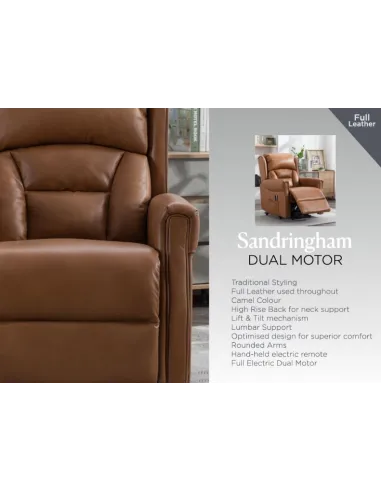 Sandringham Dual Motor Lift & Tilt Armchair Recliner - Camel Leather