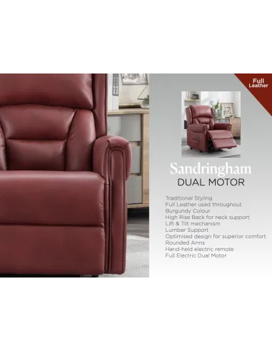 Sandringham Dual Motor Lift & Tilt Armchair Recliner - Burgundy Leather