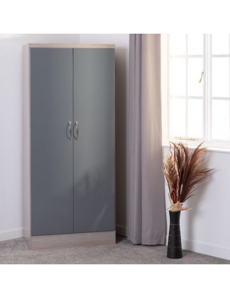 Nevada 2 Door All Hanging Wardrobe - Grey Gloss/Light Oak