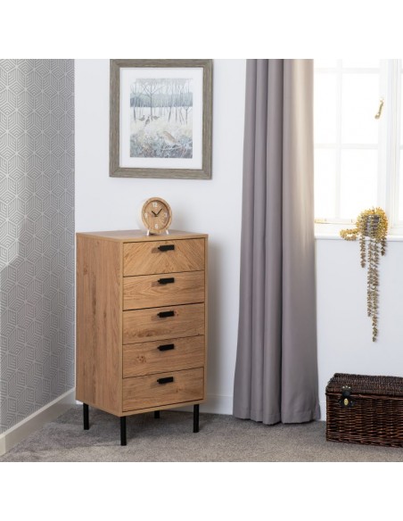 Leon 5 Drawer Narrow Chest - Medium Oak Effect