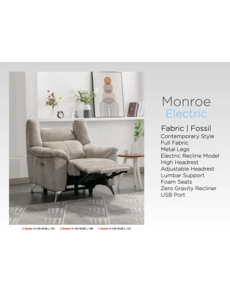 Monroe Electric Recliner 3+1+1 Sofa Set - Fossil