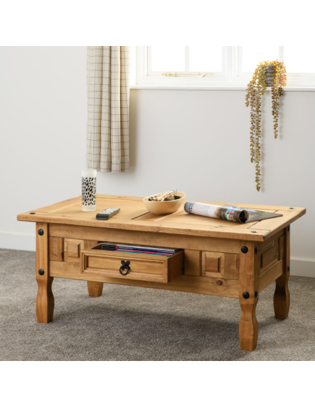 Corona 1 Drawer Coffee Table - Distressed Waxed Pine