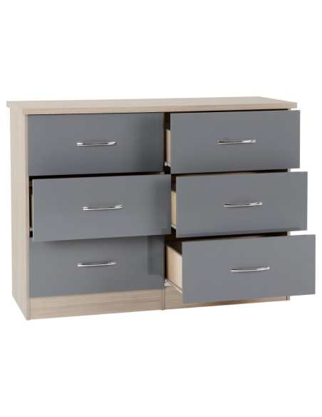 Nevada 6 Drawer Chest - Grey Gloss/Light Oak Effect Veneer