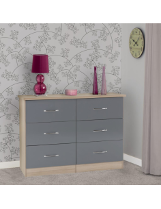 Nevada 6 Drawer Chest - Grey Gloss/Light Oak Effect Veneer
