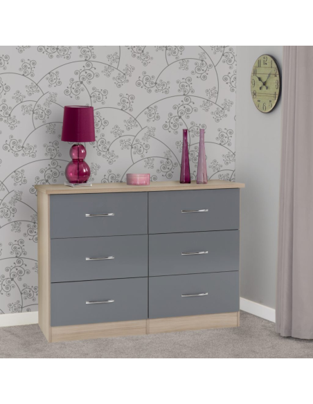 Nevada 6 Drawer Chest - Grey Gloss/Light Oak Effect Veneer