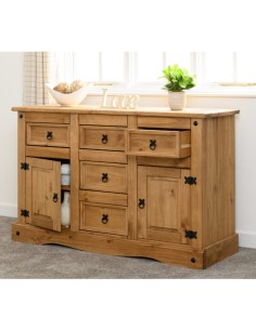 Corona 2 Door 5 Drawer Sideboard - Distressed Waxed Pine