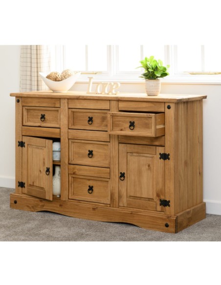 Corona 2 Door 5 Drawer Sideboard - Distressed Waxed Pine