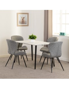 Marlow Dining Set With Quebec Chairs - White Marble Effect/Black /Grey Faux Leather