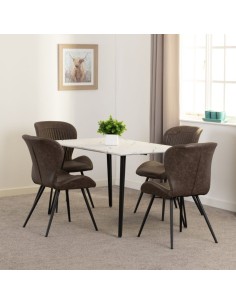 Marlow Dining Set With Quebec Chairs - White Marble Effect/Black /Brown Faux Leather