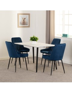 Marlow & Avery Dining Set (x4 Chairs) - White Marble/Sapphire Blue Velvet