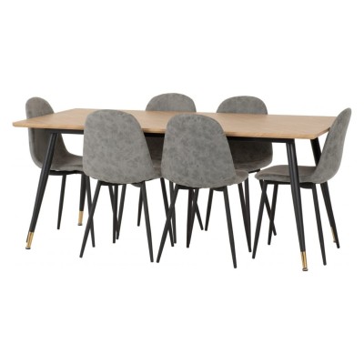 Hamilton & Athens Large Dining Set (X6 Chairs) - Medium Oak Effect/Grey PU