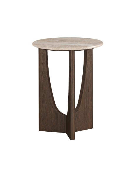 Haiden Round Side Table with Travertine Top - Dark Oak