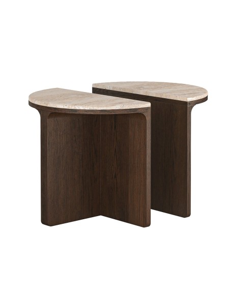 Haiden Half Moon Nest of Tables with Travertine Top - Dark Oak