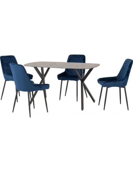 Athens Rectangular Table & Avery Dining Set (x4 Chairs) - Concrete/Sapphire Blue Velvet