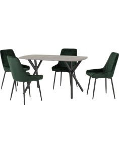 Athens Rectangular Table & Avery Dining Set (x4 Chairs) - Concrete/Emerald Green Velvet