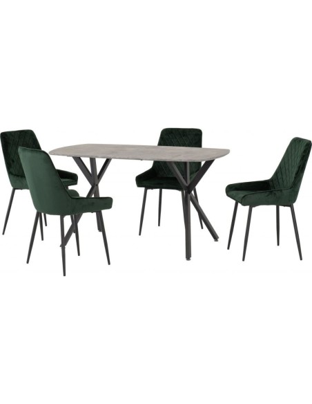 Athens Rectangular Table & Avery Dining Set (x4 Chairs) - Concrete/Emerald Green Velvet