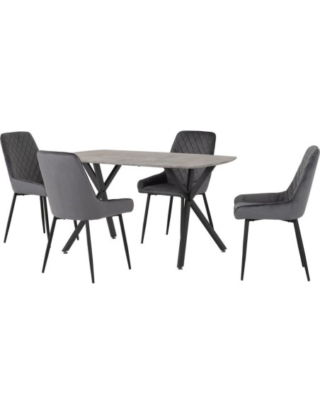 Athens Rectangular Table & Avery Dining Set (x4 Chairs) - Concrete/Grey Velvet
