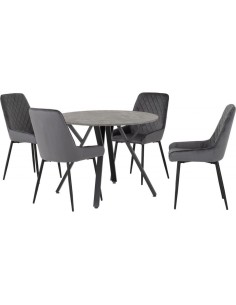 Athens Round Table & Avery Dining Set (x4 Chairs) - Concrete/Sapphire Blue Velvet