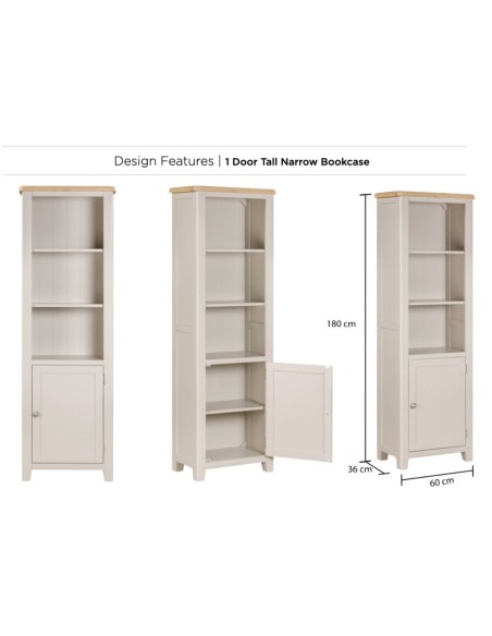 Windermere 1 Door Tall Narrow Bookcase - Oyster Grey
