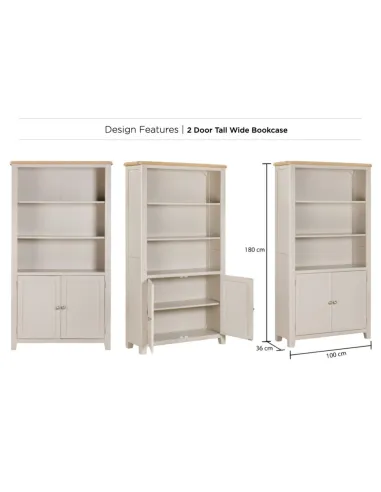 Windermere 2 Door Tall Wide Bookcase - Oyster Grey