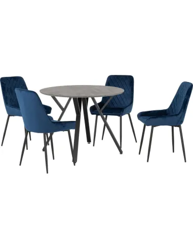 Athens Round Table & Avery Dining Set (x4 Chairs) - Concrete/Sapphire Blue Velvet