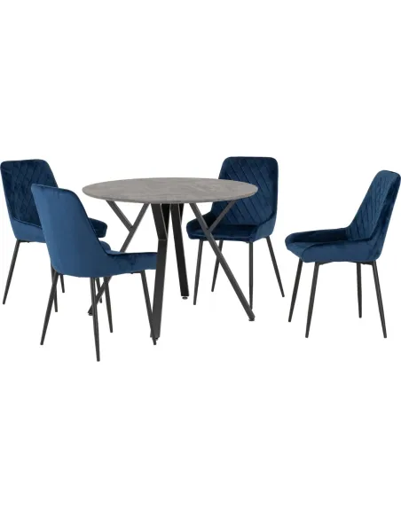 Athens Round Table & Avery Dining Set (x4 Chairs) - Concrete/Sapphire Blue Velvet