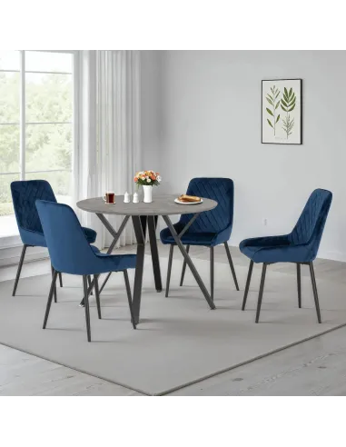 Athens Round Table & Avery Dining Set (x4 Chairs) - Concrete/Sapphire Blue Velvet