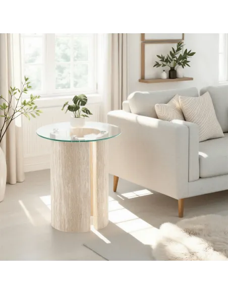 Modena Side Table - Clear Glass/Cream Marble Effect