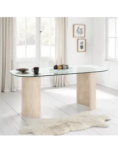 Modena Dining Table - Clear Glass/Cream Marble Effect